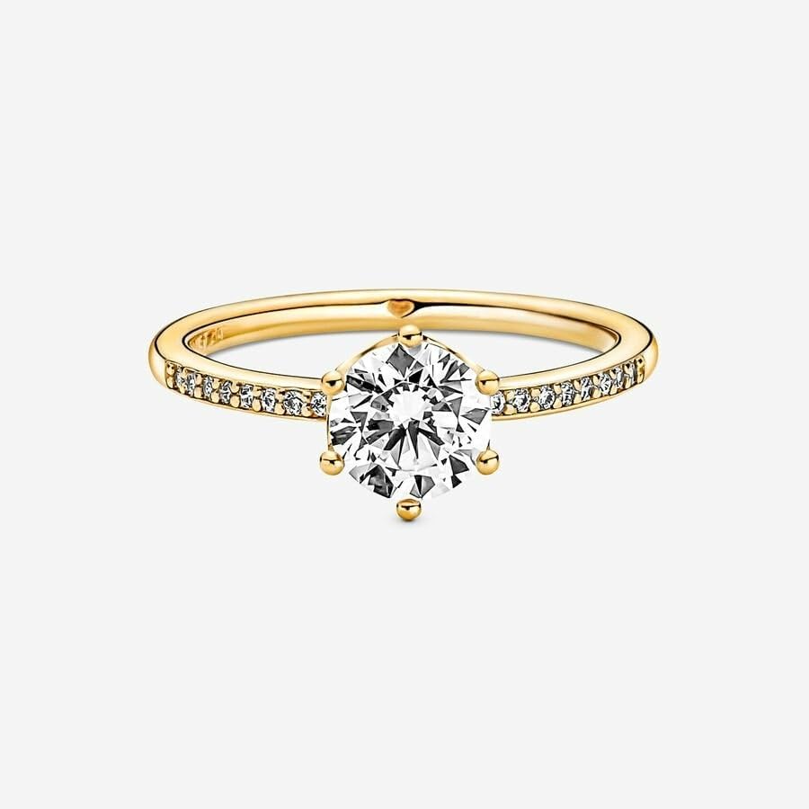 Pandora Anel solitário de coroa brilhante transparente - Anel de ouro para mulheres - presente para ela - Brilho banhado a ouro 14k com zircônia cúbica, 6, Metal, Zircônia cúbica
