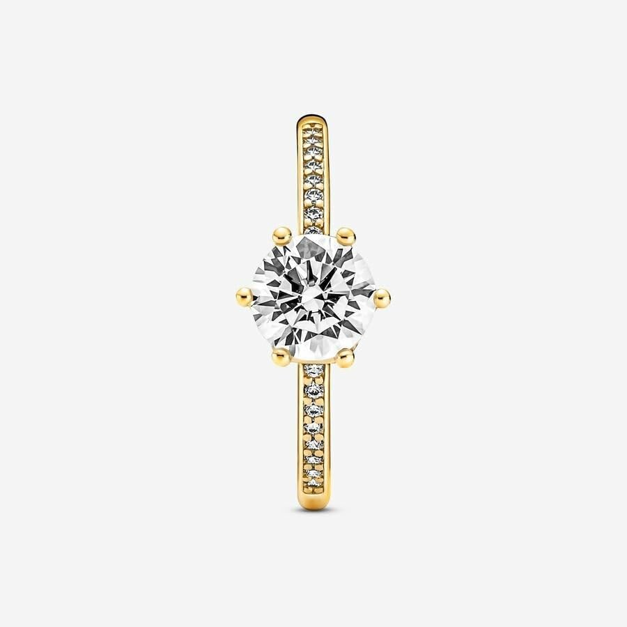 Pandora Anel solitário de coroa brilhante transparente - Anel de ouro para mulheres - presente para ela - Brilho banhado a ouro 14k com zircônia cúbica, 6, Metal, Zircônia cúbica