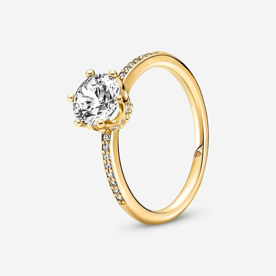 Pandora Anel solitário de coroa brilhante transparente - Anel de ouro para mulheres - presente para ela - Brilho banhado a ouro 14k com zircônia cúbica, 6, Metal, Zircônia cúbica