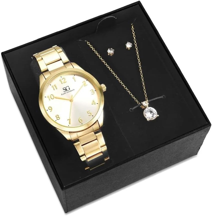 Saint Germain Kit Relógio, Colar e Brinco Feminino Dourado, Movimento Quartzo, 38mm