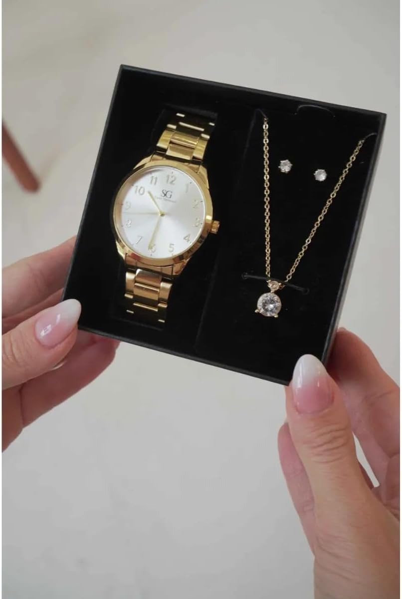 Saint Germain Kit Relógio, Colar e Brinco Feminino Dourado, Movimento Quartzo, 38mm