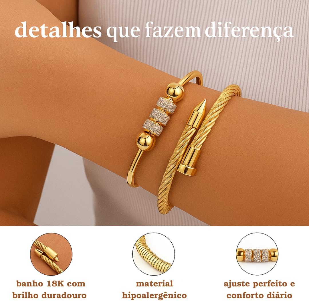 Conjunto de Pulseiras Femininas Banhadas a Ouro 18k – Design Moderno e Ajustável | Aço Inoxidável Premium | Elegância Empilhável para Mulheres Sofisticadas