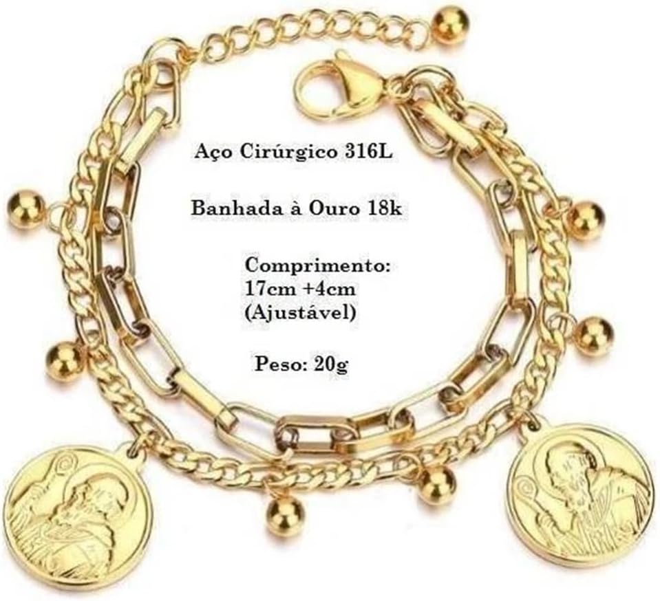 Pulseira Feminina São Bento Banhada a Ouro 18K em Aço Cirúrgico 316L, Ajustável, Proteção Espiritual, Fé Cristã, Afasta Energias Negativas e Inveja, Semijoia de Luxo – Acompanha Bolsa de Veludo