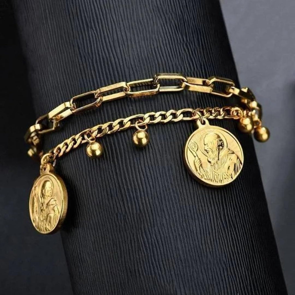Pulseira Feminina São Bento Banhada a Ouro 18K em Aço Cirúrgico 316L, Ajustável, Proteção Espiritual, Fé Cristã, Afasta Energias Negativas e Inveja, Semijoia de Luxo – Acompanha Bolsa de Veludo