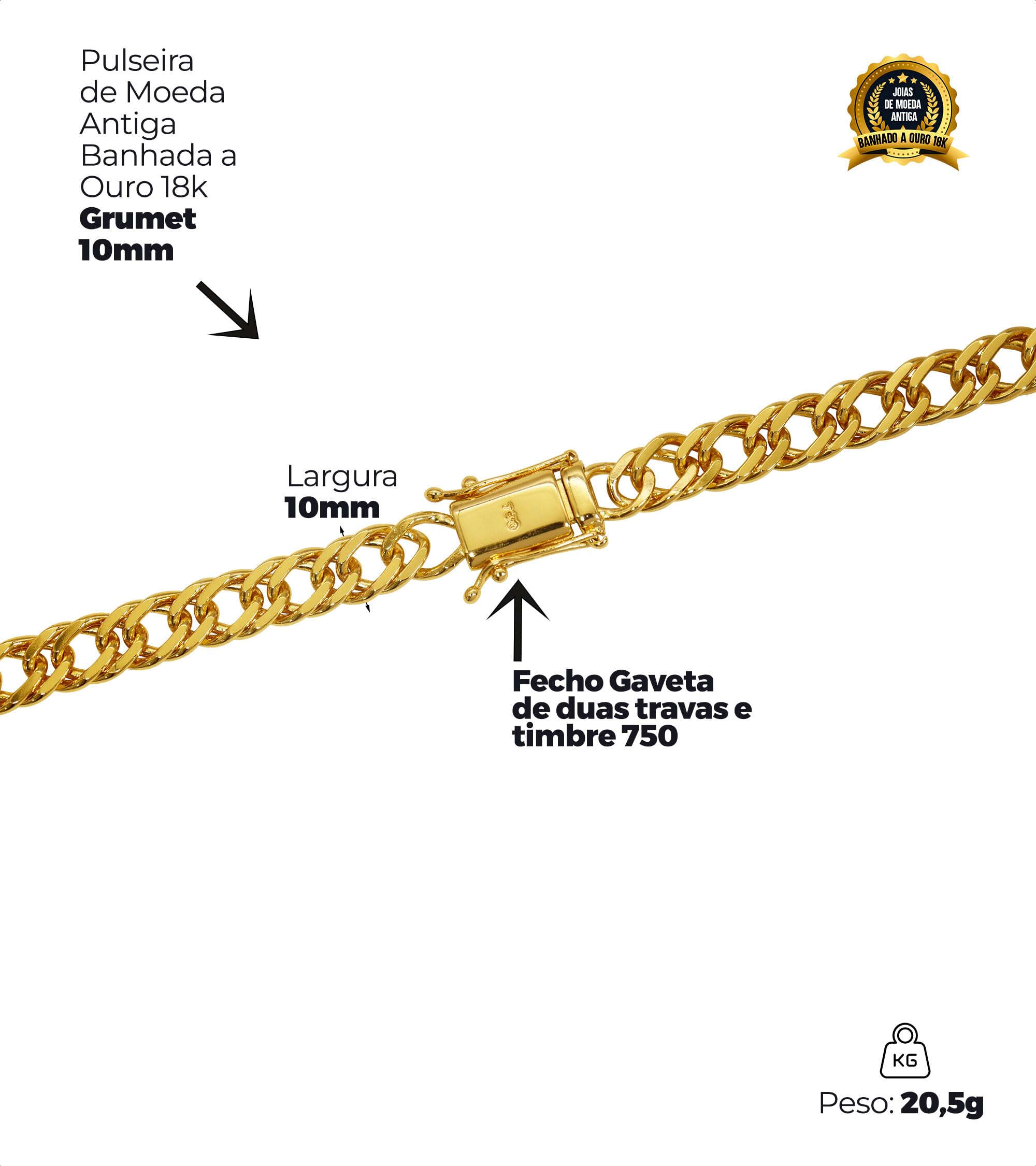 : Pulseira De Moeda Antiga Banhada A Ouro 18k - Grumet 10mm