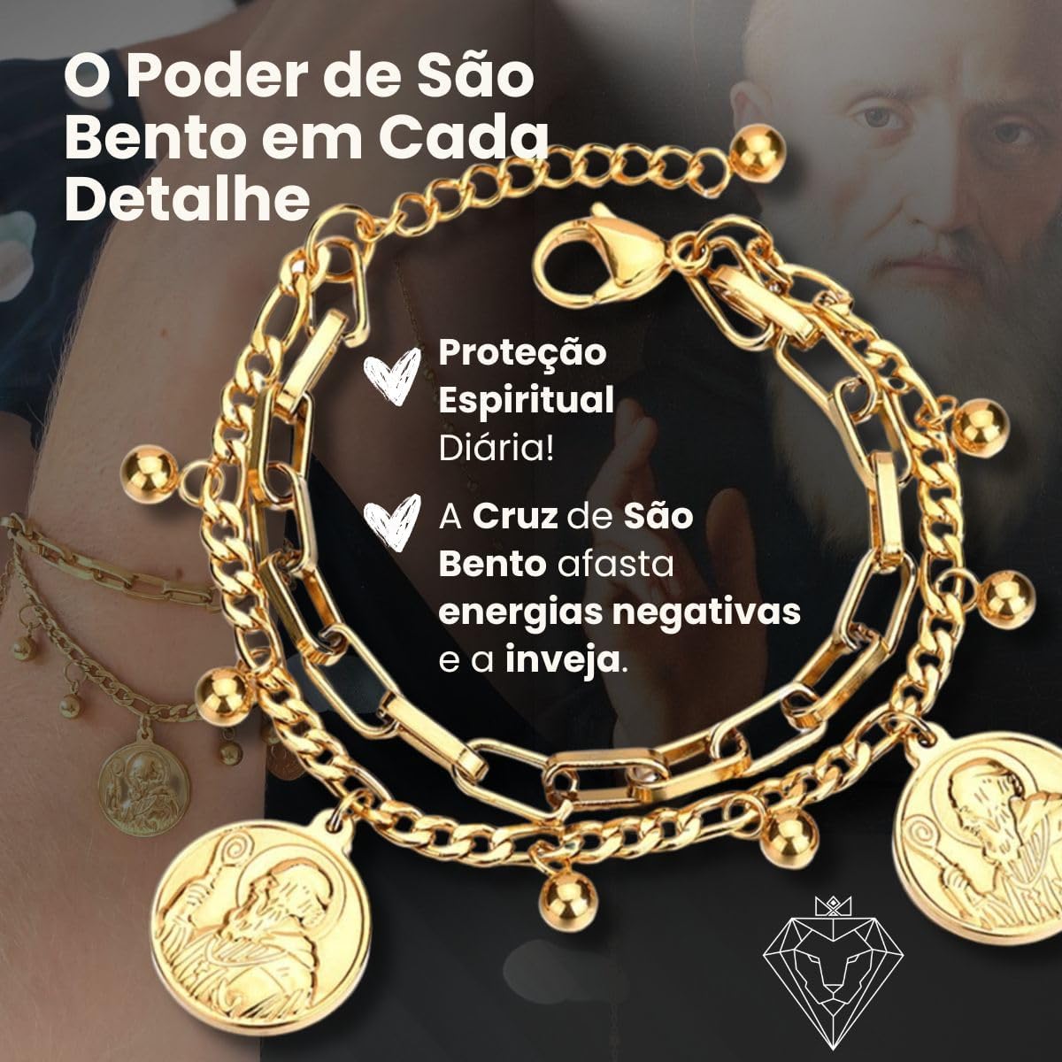 Pulseira Feminina São Bento Banhada a Ouro 18K em Aço Cirúrgico 316L, Ajustável, Proteção Espiritual, Fé Cristã, Afasta Energias Negativas e Inveja, Semijoia de Luxo – Acompanha Bolsa de Veludo