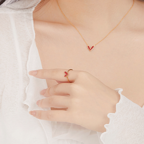 Anel Coração Esmalte Vermelho Folheado a Ouro 18k